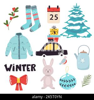 Vektor-Set von Urlaub Ikonen Auto, Jacke, Socken, Bogen, Hase, Weihnachtsbaum, Teekannen, Geschenke, Weihnachtsdekorationen, Kalender. Für die Weihnachtszeit. Scrapbo Stock Vektor