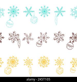 Weihnachtliche nahtlose Muster mit Kugeln, Kugeln, Zapfen, Schleifen blauen Hintergrund. Perfekt für Urlaubseinladungen, Winter-Grußkarten, Tapeten und Gif Stock Vektor