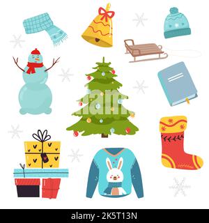 Vektor-Set von Urlaub Ikonen Auto, Jacke, Socken, Bogen, Hase, Weihnachtsbaum, Teekannen, Geschenke, Weihnachtsdekorationen, Kalender. Für die Weihnachtszeit. Scrapbo Stock Vektor