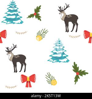 Nahtlose Vektor Hirsche Muster, Winter Weihnachten und Happy New Year Day Design Hintergrundbild mit Hirsch und Schneeflocken weihnachtsbaum. Stock Vektor