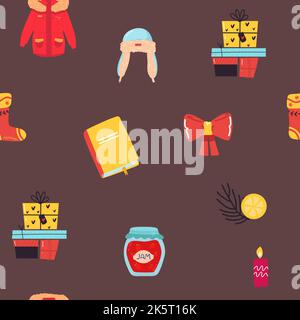 Urlaub Nahtloses Muster, Weihnachtsplätzchen. Schal, Glaskugel, Kerze, Hut, Jacke, Glocke, Schlittschuhe Weihnachten Winter Poster Kollektion. Kreative Textur für Stock Vektor