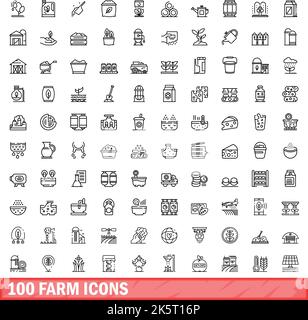 100 Farmsymbole eingestellt. Skizzieren Sie die Darstellung von 100 Farmsymbolen, die auf weißem Hintergrund isoliert sind Stock Vektor