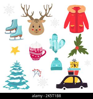 Vektor-Set von Urlaubs-Ikonen Pullover, Weihnachtsschmuck, Lebkuchenkekse, Kerzen, Geschenk, Schneemann. Kinder Illustration für Weihnachten Zeit. Sammelalbum Stock Vektor