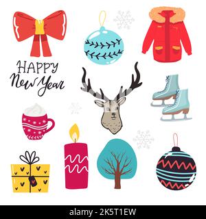 Vektor-Set von Urlaubs-Ikonen Pullover, Weihnachtsschmuck, Lebkuchenkekse, Kerzen, Geschenk, Schneemann. Kinder Illustration für Weihnachten Zeit. Sammelalbum Stock Vektor
