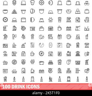 100 Symbole für Getränke eingestellt. Skizzieren Sie die Darstellung von 100 Symbolen für Getränke, die auf weißem Hintergrund isoliert sind Stock Vektor