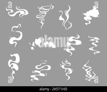 Cartoon-Raucheffekte, Lebensmittelgeschmack, Kaffee- und Teedampf. Weißes Vektoraroma oder giftige Wolken, Dampf- oder Staubspuren. Fliessnebel oder rauchiger chemischer Dampf, isoliertes komisches Dampfgaren Stock Vektor