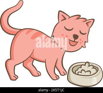 Niedliche Illustration einer Katze, die ihr Futter isst. Vektorgrafik auf weißem Hintergrund. Stock Vektor