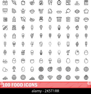 100 Symbole für Lebensmittel eingestellt. Skizzieren Sie die Darstellung von 100 Vektorbildern für Lebensmittel, die isoliert auf weißem Hintergrund gesetzt wurden Stock Vektor
