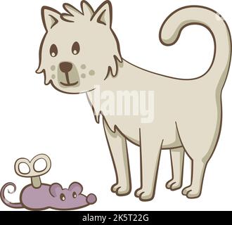 Niedliche Illustration einer kleinen Katze, die steht und auf eine Spielzeug-Maus schaut. Vektorgrafik auf weißem Hintergrund. Stock Vektor