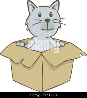 Niedliche Illustration einer kleinen Katze, die in einem Karton lächelt. Vektorgrafik auf weißem Hintergrund. Stock Vektor