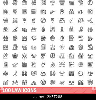 100 Symbole für Gesetze festgelegt. Skizzieren Sie die Darstellung von 100 Gesetzensymbolen, die auf weißem Hintergrund isoliert sind Stock Vektor