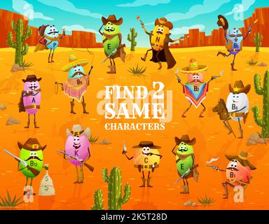 Finden Sie zwei gleiche Cartoon-Vitamin Cowboy, Ranger, Bandit und Sheriff Zeichen Spiel Vektor Arbeitsblatt. WESTERN Quiz mit niedlichen Wild West Vitamin A, B, C und E Mineralpillen Persönlichkeiten, Hüte, Waffen Stock Vektor