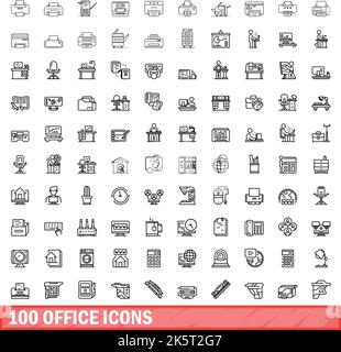 100 Bürosymbole eingestellt. Skizzieren Sie die Darstellung von 100 Bürosymbolen, die auf weißem Hintergrund isoliert sind Stock Vektor