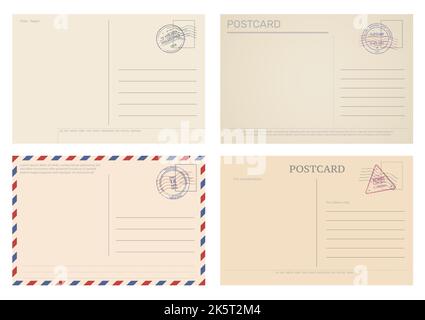 Vintage Postkarte und Luftpostumschlag. Postkartenvorlage. Antike Nachricht oder Urlaub Grußkarte, Reise-Papier Postkarte Vektor leeren Briefumschlag mit Retro-Stempel und Briefmarken Stock Vektor