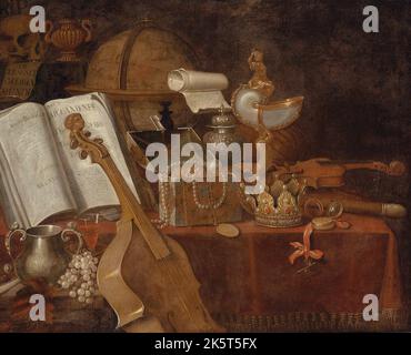 Ein Vanitas-Stillleben mit einem offenen Buch, einem Globus, einem nautilus-Kelch, einer Geige und wertvollen Objekten. Private Sammlung. Stockfoto