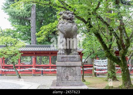 Komainu oder Löwenhund, Statue am Nezu-Schrein, Ueno, Tokio, Japan. Komainu sind die Hüter der shinto-Schreine und manchmal Tempel, in der Regel paarweise, Stockfoto