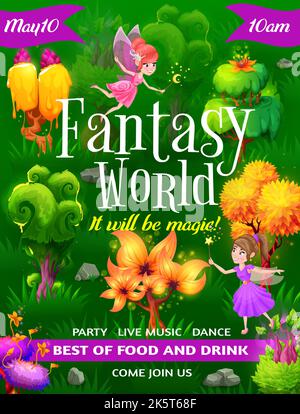 Fantasy World Party Flyer, Feenfiguren und fantastische Bäume. Cartoon-Vektorkarten mit magischen Pixie-Persönlichkeiten, Pilze im Märchenwald. Einladungsplakat mit seltsamen Pflanzen und lustigen Elfen Stock Vektor