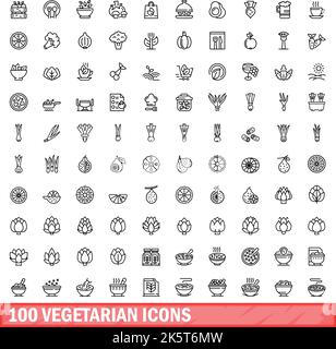 100 vegetarische Symbole eingestellt. Skizzieren Sie die Darstellung von 100 vegetarischen Symbolen, die auf weißem Hintergrund isoliert sind Stock Vektor