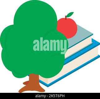 Bildungssymbol isometrischer Vektor. Roter Apfel auf Buchstapel, grüner Baum. Wissen, Lernen, Bildung Stock Vektor
