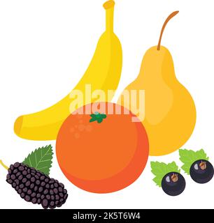 Isometrischer Vektor für Symbol für gesunde Lebensmittel. Banane, Orange, Birnenfrucht und schwarze Beere. Bio-Obst, gesunde Ernährung Stock Vektor