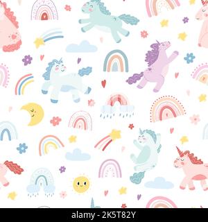 Nahtloses Muster mit Einhörnern und Regenbögen auf weißem Hintergrund. Vektor handgezeichnete Textur für Geschenkpapier, Stoffdruck, Kindertextilien, Cover, Karte Stock Vektor