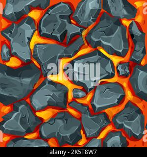 Lava, Magma mit Steinen im Cartoon-Stil nahtlose Muster Hintergrund. Eruptionseffekt, Landschaft. Struktur, Design. Vektorgrafik Stock Vektor