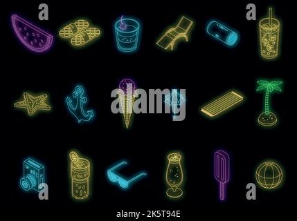 Symbole für Sommerparty sind gesetzt. Isometrisches Set von Sommer Party Vektor-Icons Neonfarbe auf schwarz Stock Vektor
