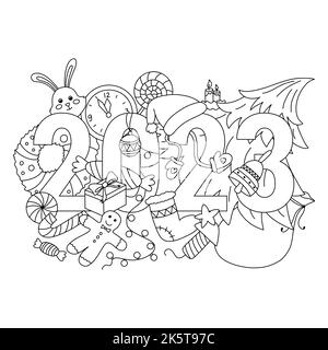 2023 Neujahr handgezeichnete Kritzeleien als Weihnachtsbaum, Geschenk, Kranz, Kaninchen, Girlande, Uhr, Feuerwerkskörper, Kerzen, Fäustlinge, Glocke, Lebkuchenmann. Vektor Stock Vektor