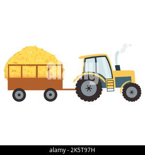 Traktor mit landwirtschaftlichem Heuhahn im Anhänger im Cartoon-Flachstil, ländliches Heu gerollt Stapel, getrockneter Bauernhof Heuhaufen. Vektordarstellung der Futterstr Stock Vektor