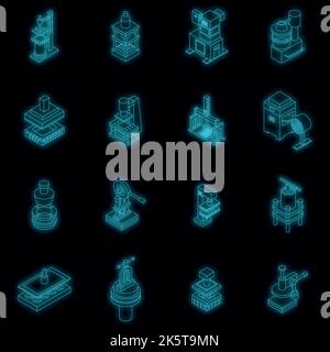 Drücken Sie die Taste Formularmaschinen, Symbole festlegen. Isometrischer Satz von Druckmaschinen Vektor-Icons Neonfarbe auf schwarz Stock Vektor