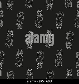 Halloween nahtlose Muster mit niedlichen Cartoon-Katzen auf schwarzem Hintergrund Stock Vektor