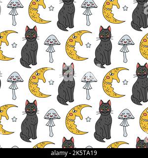 Halloween Nahtloses Muster mit niedlichen Cartoon-Katzen, Halbmonden und giftigen Pilzen auf weißem Hintergrund Stock Vektor