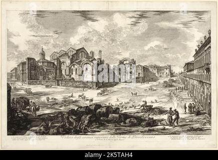 Giovanni Battista Piranesi - Radierung auf schwerem elfenbeinfarbenem Papier - Ansicht der sichtbaren Überreste der Diokletianbäder Stockfoto