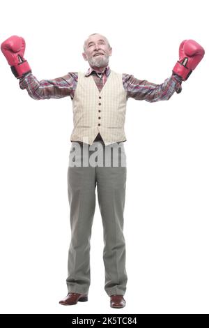 Selbstbewusster älterer Mann in Boxhandschuhen. Isoliert auf einem weißen Stockfoto