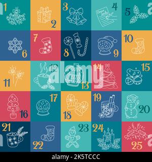 Adventskalender. Lustige Weihnachtskritzeleien. Weihnachtszahlen von 1 bis 25. Vektor-Illustration von Urlaub handgezeichnete Design-Elemente Baum, Stechpalme, Jingle Bel Stock Vektor