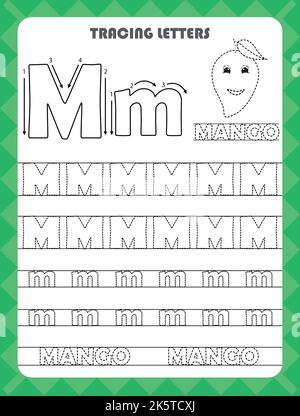 Trace Buchstaben des englischen Alphabets und füllen Farben Groß-und Kleinbuchstaben M. Handschrift Praxis für Vorschulkinder Arbeitsblatt. Stock Vektor