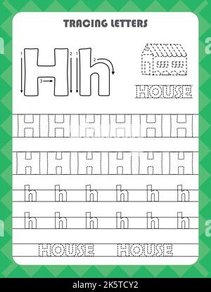 Trace Buchstaben des englischen Alphabets und füllen Farben Groß-und Kleinbuchstaben H. Handschrift Praxis für Vorschulkinder Arbeitsblatt. Stock Vektor