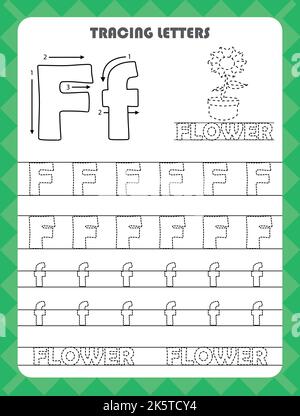 Trace Buchstaben des englischen Alphabets und füllen Farben Groß-und Kleinbuchstaben F. Handschrift Praxis für Vorschulkinder Arbeitsblatt. Stock Vektor
