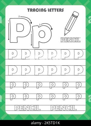 Trace Buchstaben des englischen Alphabets und füllen Farben Groß-und Kleinbuchstaben P. Handschrift Praxis für Vorschulkinder Arbeitsblatt. Stock Vektor