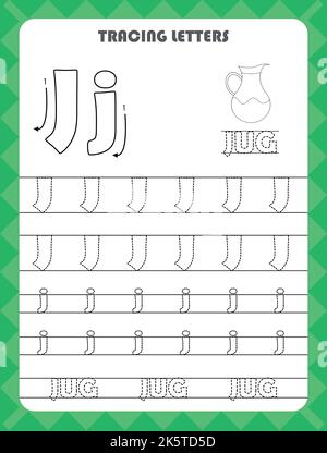 Trace Buchstaben des englischen Alphabets und füllen Farben Groß-und Kleinbuchstaben J. Handschrift Praxis für Vorschulkinder Arbeitsblatt. Stock Vektor