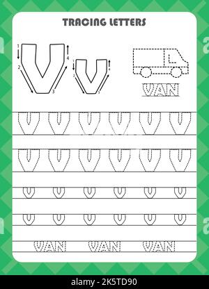 Trace Buchstaben des englischen Alphabets und füllen Farben Groß-und Kleinbuchstaben V. Handschrift Praxis für Vorschulkinder Arbeitsblatt. Stock Vektor
