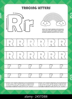 Trace Buchstaben des englischen Alphabets und füllen Farben Groß-und Kleinbuchstaben R. Handschrift Praxis für Vorschulkinder Arbeitsblatt. Stock Vektor