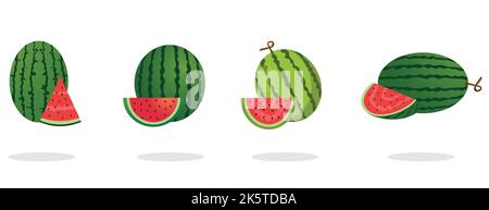 Vektor-Illustration Wassermelone Set, grüner Stiel, halb geschnitten, in Scheiben geschnitten. Grafik Wassermelone Symbole süßes Essen. Tropische Wassermelonen auf weißem Hintergrund. Stock Vektor