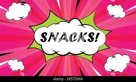 Comic-Sprechblase mit Sunburst-Text-SNACKS!. Vektor helle dynamische Cartoon-Illustration im Retro-Pop-Art-Stil isoliert auf rotem Farbverlauf Hintergrund. Stock Vektor