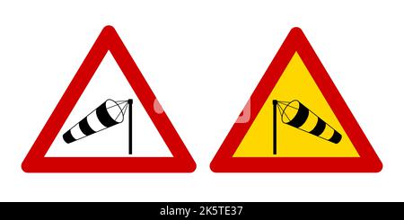 Crosswind Straßenschild - Windsack in rotem Dreieck und mit gelbem Hintergrund Vektor-Illustration gesetzt. Stock Vektor