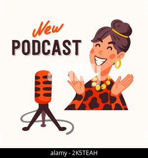 Neuer Podcast, Blogger Mädchen, macht Inhalte für einen Podcast Vektor Illustration. Bloggerin oder Vlogger, Zeichentrickfigur, die Internet-Inhalte macht Stock Vektor