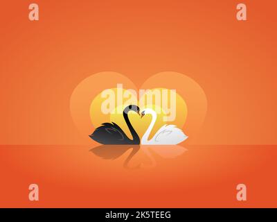 Schwarz-weißer Schwan in der Liebe Sonnenuntergang Vektorzeichnung am Valentinstag Stock Vektor