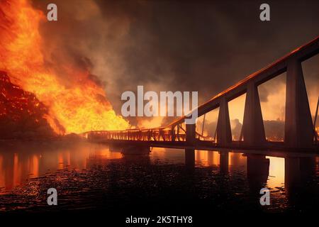 3D Illustration über die Explosion auf der Kertscher Meerenge-Brücke Krim in Brand. Konzept der Sabotage zur Logistik in einem apokalyptischen Krieg. Höllisch Stockfoto