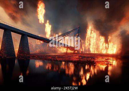 Eine explosive Illustration eines Feuers auf der Brücke der Straße von Kertsch während des Ukraine-Russland-Krieges auf der Krim, bei dem die Logistik sabotiert wurde. Ein Höllenfisch Stockfoto