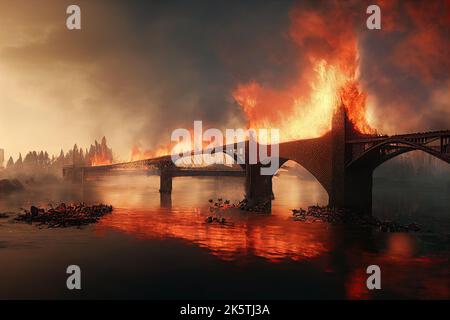 Die Explosion auf der Kertscher Meerenge die Brücke der Krim in 3D Abbildung. In einem Ukraine-Russland-Krieg wurde versucht, die Logistik zu sabotieren. Ein höllisches Schlachtfeld in Stockfoto